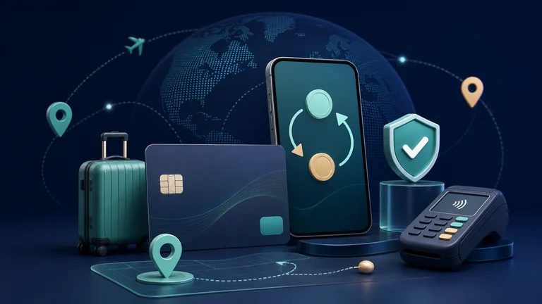Виртуальная карта, смартфон, чемодан и терминал для оплаты за границей