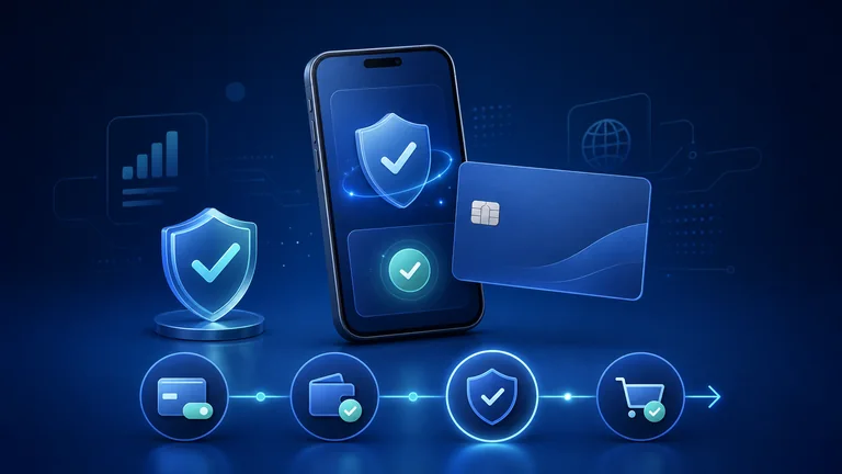 Виртуальная карта, смартфон и символы безопасной проверки перед оплатой