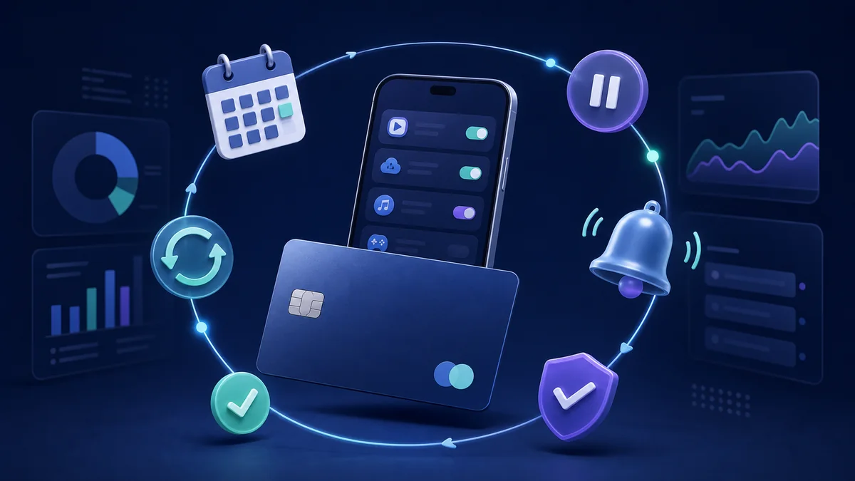 Виртуальная карта и смартфон с символами контроля подписок и автосписаний