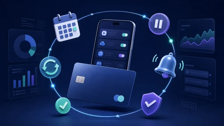 Виртуальная карта и смартфон с символами контроля подписок и автосписаний