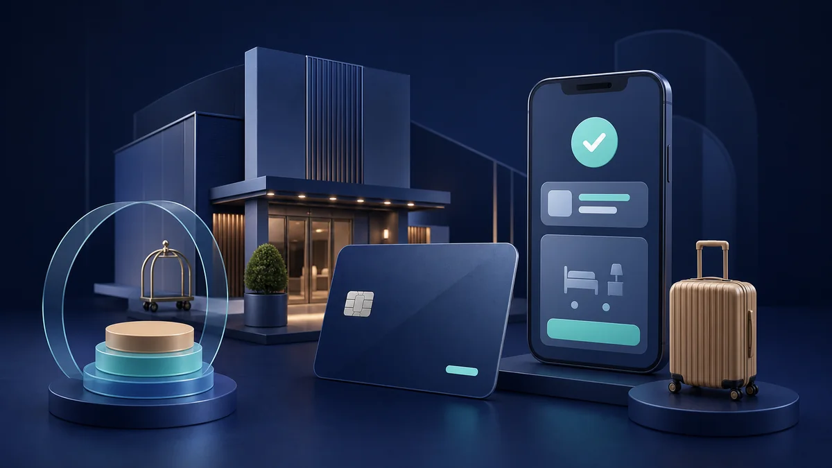 Виртуальная карта, смартфон с подтверждением бронирования, отель и чемодан