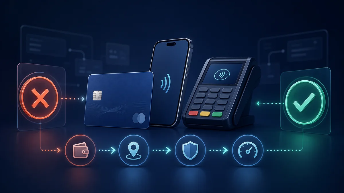 Карта, смартфон и терминал со схемой поиска причины отклонённой оплаты
